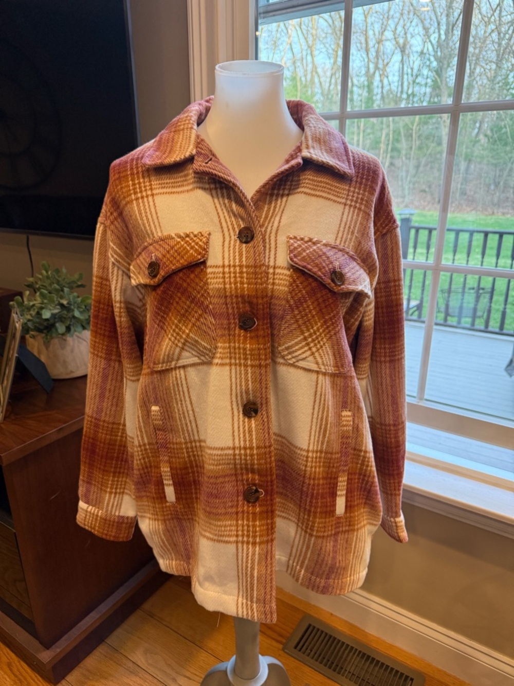 Women’s Plaid Shacket Jacket - Cream and Rusty Orange